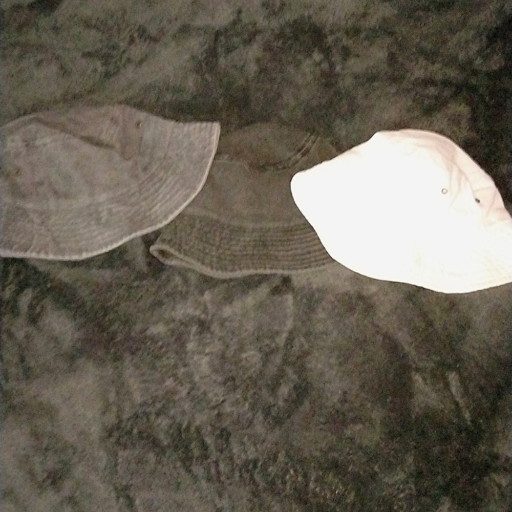 3 non used bucket hats, from Amazon, light gray, white, and dark gray